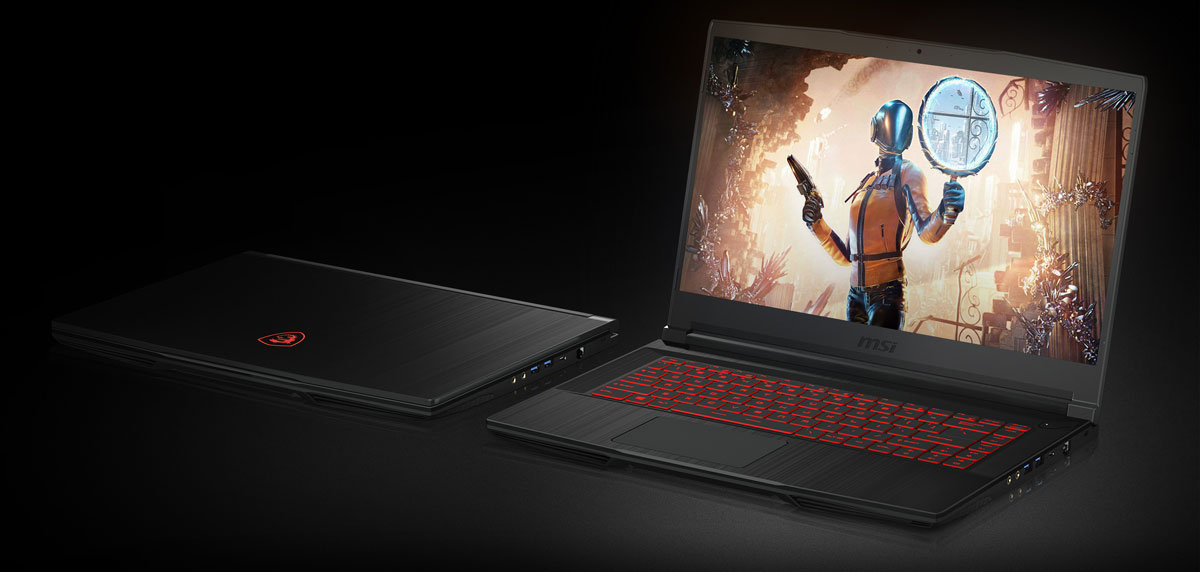 Top right side angle view of two MSI GF63 THIN 9SC laptops, with the left one’s screen closed, and right one’s screen opened and showing a game scene